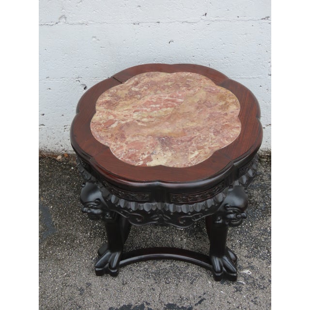 Wood Early 1900s Oriental Heavy Carved Flower Statue Stand Side Table 6338 For Sale - Image 7 of 17