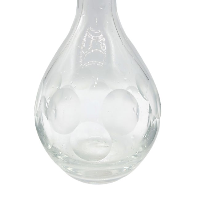 Stylish vintage mid-century modern clear glass single flower bud vase with a simple elegant curve, etched coin dot circles...