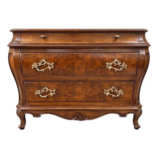 Karges Louis XVI Style Bombe Burl Walnut Three-Drawer Commode or Chest, 1980's For Sale