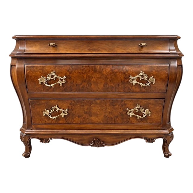Karges Louis XVI Style Bombe Burl Walnut Three-Drawer Commode or Chest, 1980's For Sale