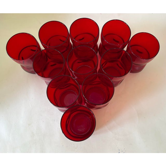 Mid 20th Century Vintage Ruby Red Art Glass Tumblers, Sculptural Mid-Century Modern Drinking Glasses, Blenko Style Dimple Pinched Set of 11 For Sale - Image 5 of 9