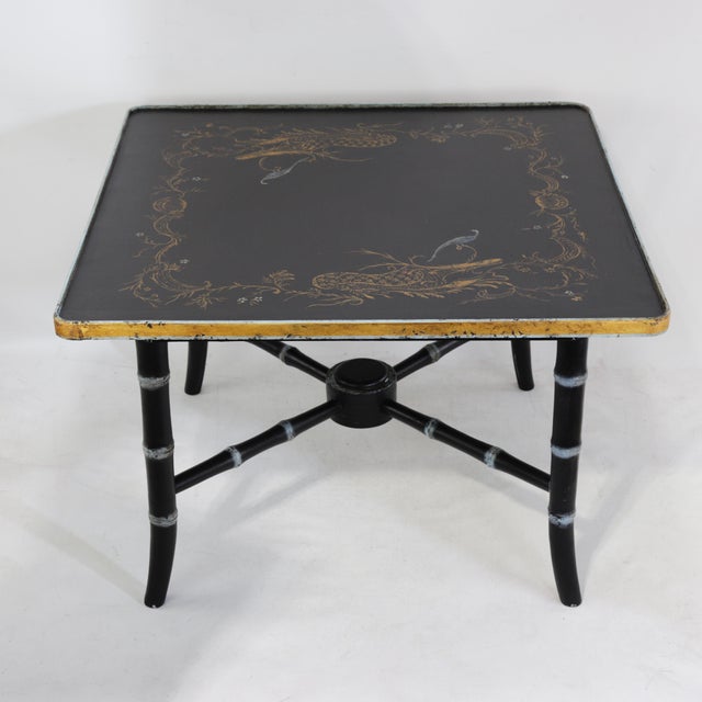 Chinoiserie Pair of Vintage Black Lacquer Chinoiserie Side Tables With Gilt Peacock and Floral Motif For Sale - Image 3 of 17