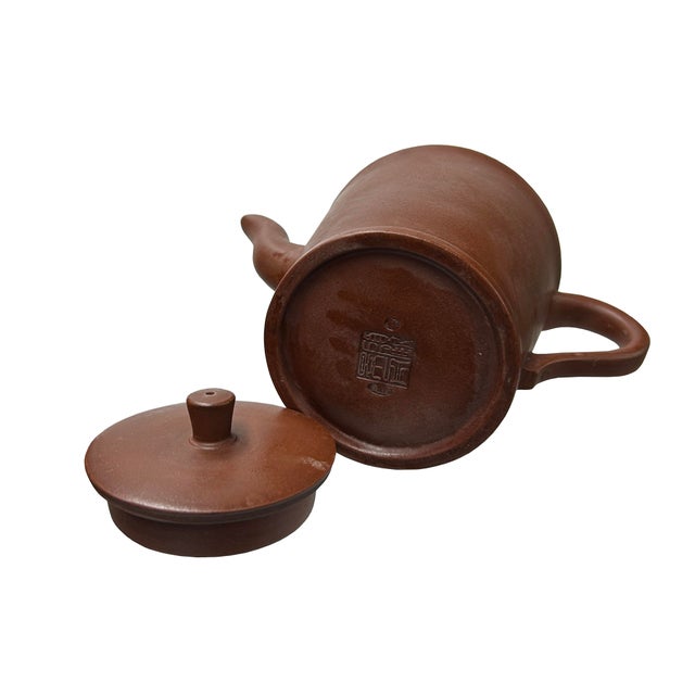 Sculpture Materials Vintage Brown Simple Cylindrical Plain Zisha Clay Teapot Art Display For Sale - Image 7 of 9