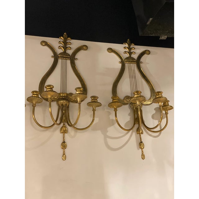 1920s Lyre Design Gilt Bronze 4 Lights Sconces - Pair For Sale In New York - Image 6 of 10