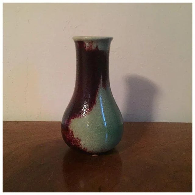 Chinese sang de boeuf and celadon flambe glaze bottle shape vase. Late Qing period - early 20th c. Measures 7" tall....