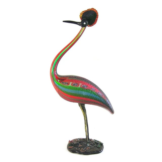 Vintage Italian Tall Red Blue Green Glass Crested Bird Sculpture For Sale - Image 11 of 11