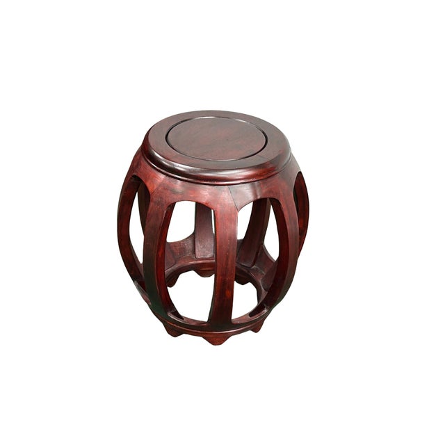 Vintage Reddish Brown Oriental Barrel Shape Round Stool Side Table For Sale - Image 4 of 11