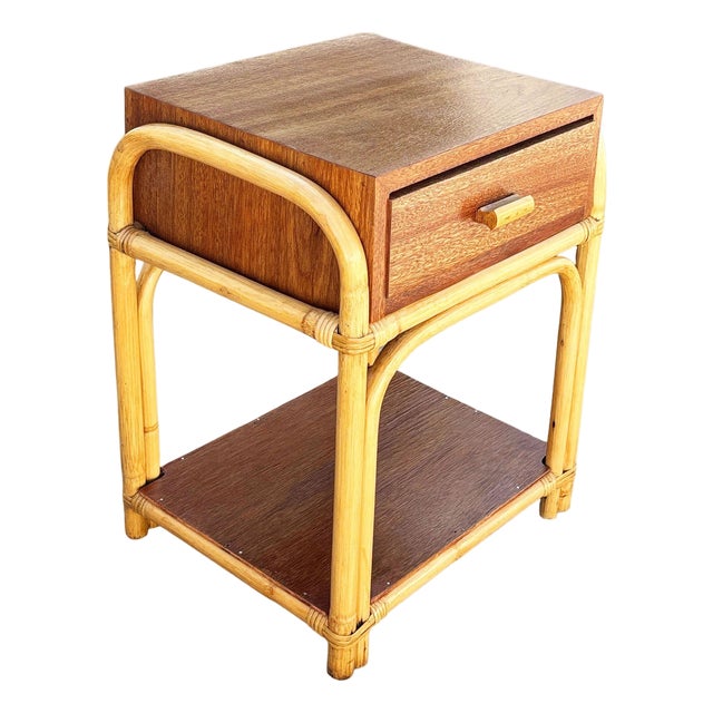 1950s Restored Rare Modernist Mahogany Nightstand W/ Arched Rattan Sides For Sale