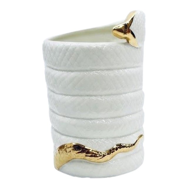 Hollywood Regency Style Glazed Ceramic Serpent Cylinder Vessel For Sale