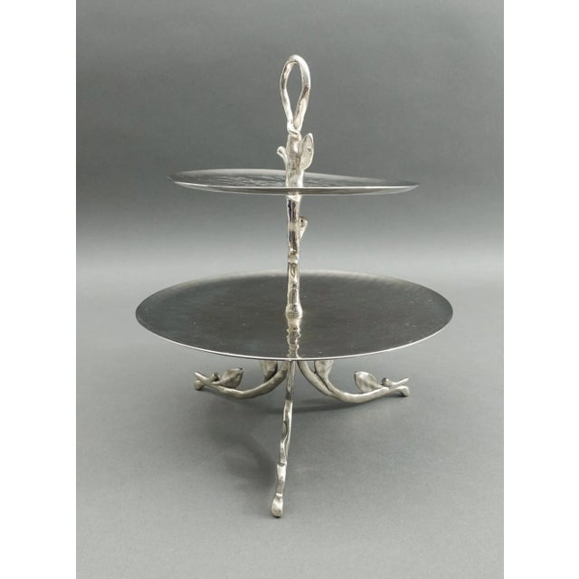 Michael Aram Personally Signed Stainless Leaf 2 Tier Etagere Server Rare. Measures approximately 8" diameter, 10" high.