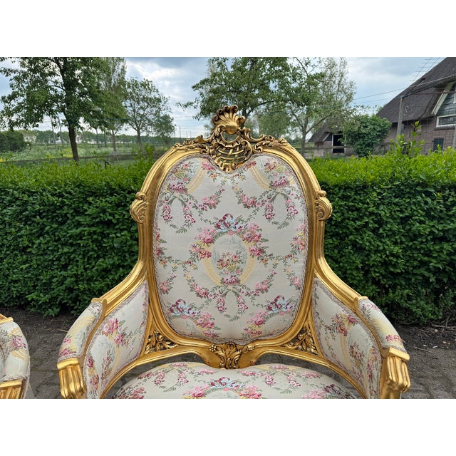 1970 French Louis XVI Gold Beech Damask Sofa Set - 3 PCS For Sale - Image 11 of 18