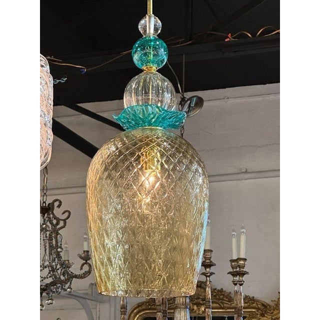 Pair of Modern Champagne Colored and Teal Murano Glass Pendants For Sale - Image 4 of 7