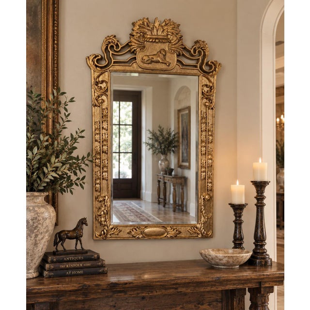 Large Baroque-Style Gilt Carved Lion Crest Mirror, 52” X 34” For Sale - Image 11 of 11