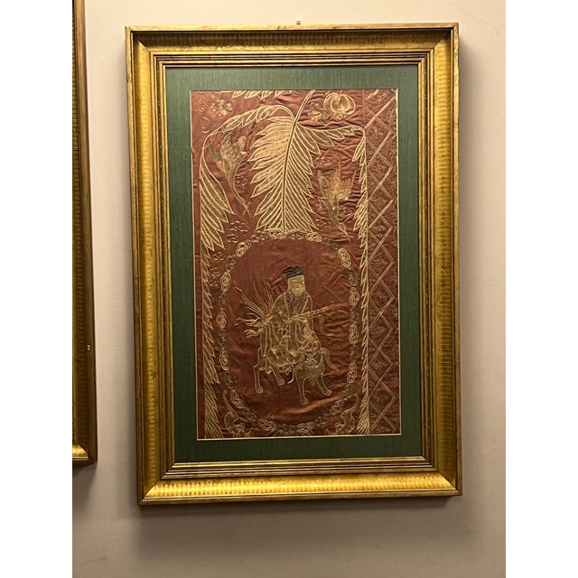 Late 19th Century Chinese Silks Immortal Framed Late Qing Dynasty Antique Foo Lions Ferns Metallic Threads - Set of 2 For Sale - Image 4 of 6
