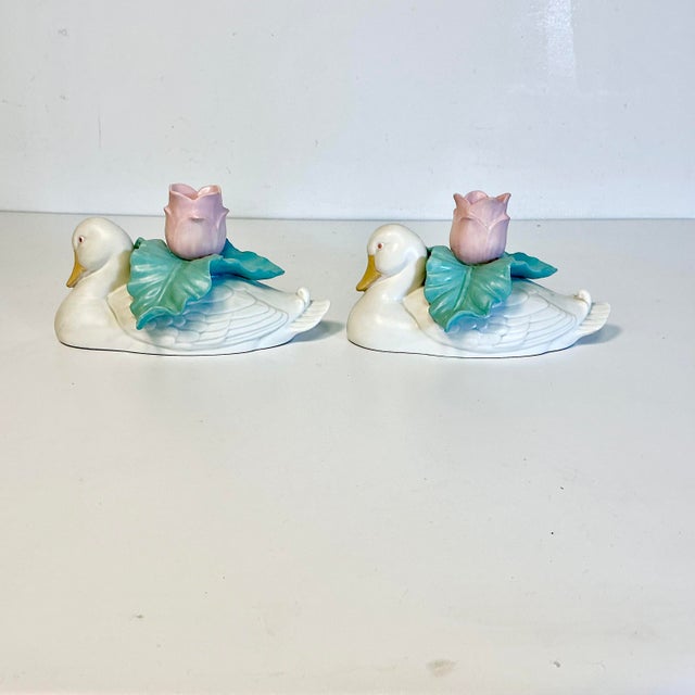1970s 1970s Vintage Fitz & Floyd Coastal Americana Duck & Tulip Candleholders - A Pair - Easter For Sale - Image 5 of 15