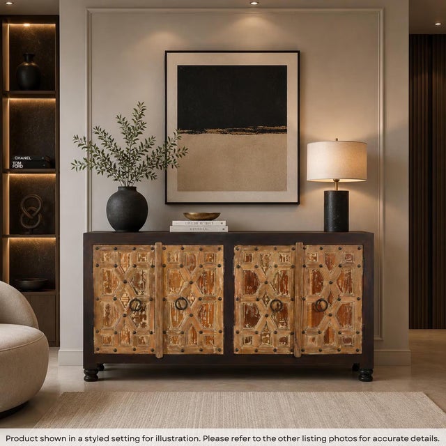 Dimensions: 60"W X 20"D X 32"H Features: • 100% solid wood construction • Vintage doors repurposed as front doors of the...