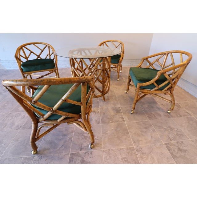 Mid-Century Hollywood Regency Rattan Dining Set With Brass Casters, Attributed to Ficks Reed For Sale - Image 12 of 15