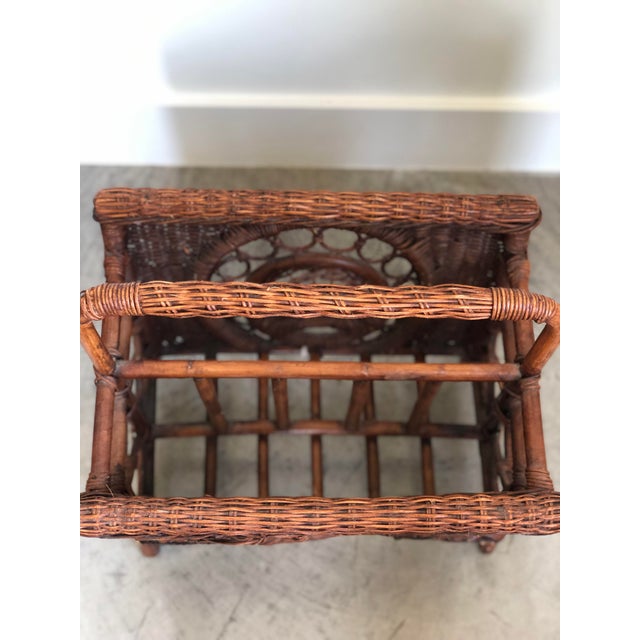 Wood Mid 20th Century Vintage Woven Wicker Magazine Rack For Sale - Image 7 of 12