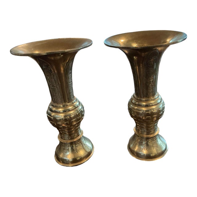 Pair Heavy Brass Antique Gu Vases For Sale