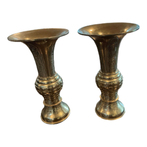 Pair Heavy Brass Antique Gu Vases
