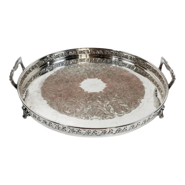 Vintage Footed Round Engraved Silver Plate Tray For Sale