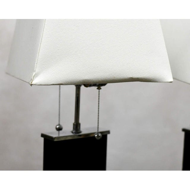 Mid 20th Century Black Synthetic Leather and Chrome Block Table Lamps With Pull‑Chain Switches – Pair For Sale - Image 5 of 10