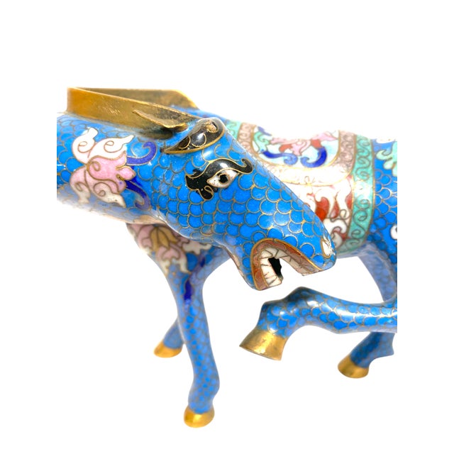 Chinese Vintage Chinese Cloisonné Horse Figurine Enamel Brass Statue Blue Red Gold 8.5" For Sale - Image 3 of 15