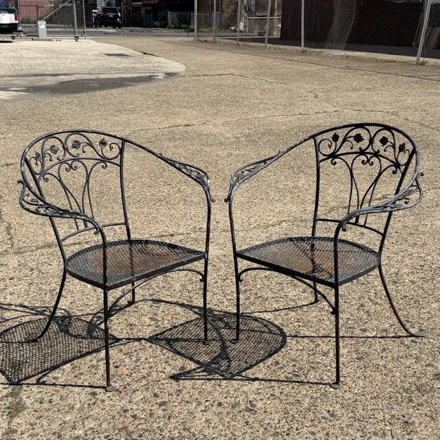 Vintage Salterini Style Art Nouveau Wrought Iron Garden Patio Barrel Back Arm Chairs with Leaf and Vine Design by...