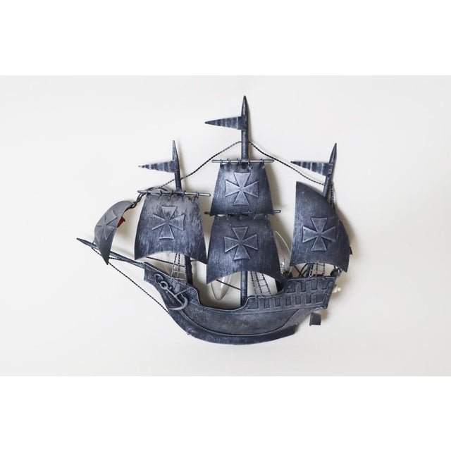 Metal Spanish Galleon Columbus' Santa Maria Sailing Ship Wall Lamp in Wrought Iron, 1950s For Sale - Image 7 of 14