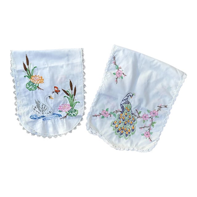 Vintage Hand Embroidered Peacock and Swan Table Runners - a Pair For Sale