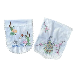 Vintage Hand Embroidered Peacock and Swan Table Runners - a Pair