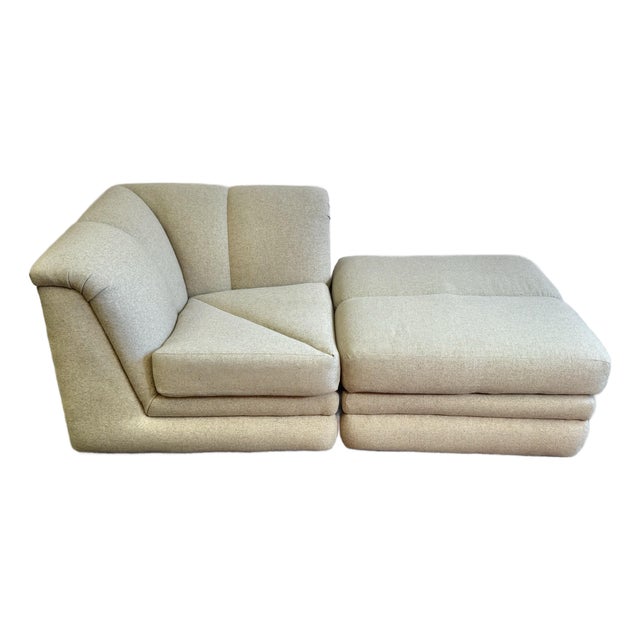 Vintage Soft Beige Tweed Chair & Ottoman Set For Sale