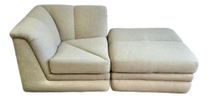 Vintage Soft Beige Tweed Chair & Ottoman Set