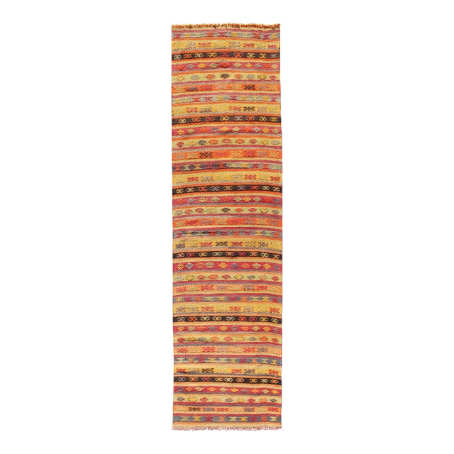 Vintage Hand Woven Turkish Kilim Colorful Stripe Runner With Tribal Motifs For Sale