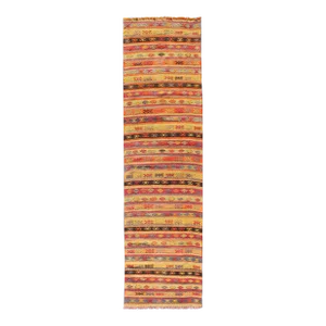 Vintage Hand Woven Turkish Kilim Colorful Stripe Runner With Tribal Motifs