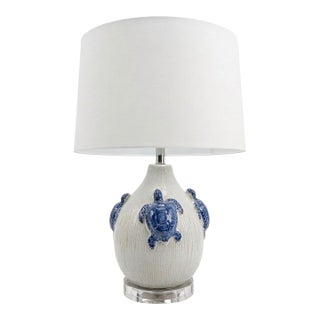 Vintage Italian Ceramic Sea Turtle Table Lamp in Blue & White For Sale