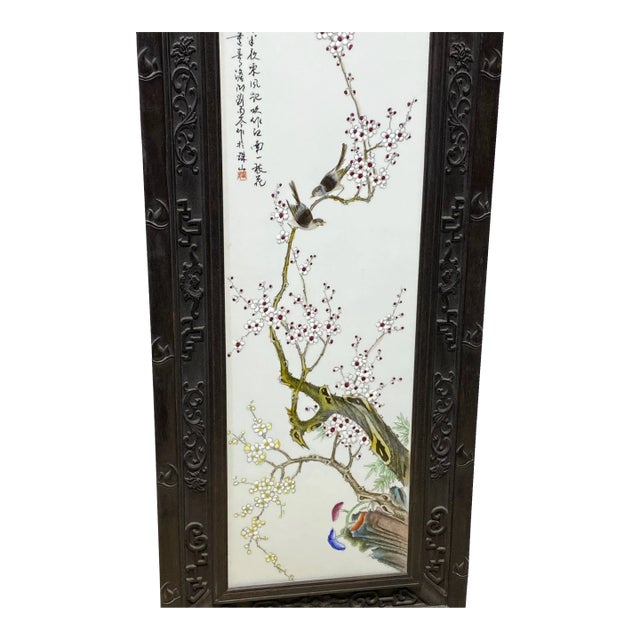 Chinoiserie Hand Painted Famille Rose Porcelain Panel 50" H For Sale