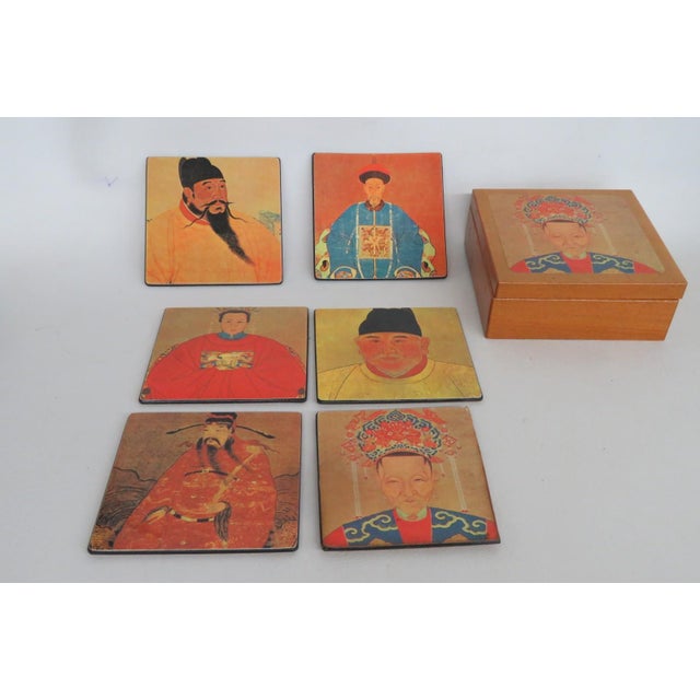 Wood Mid 20th Century Chinoiserie Boxed Set of 6 Square Coasters Chinese Ancestor Portrait Motif For Sale - Image 7 of 15