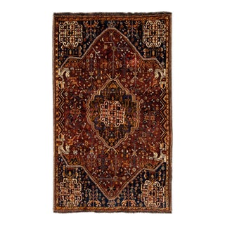 Vintage Shiraz Handmade Meadallion Motif Rust Wool Rug For Sale