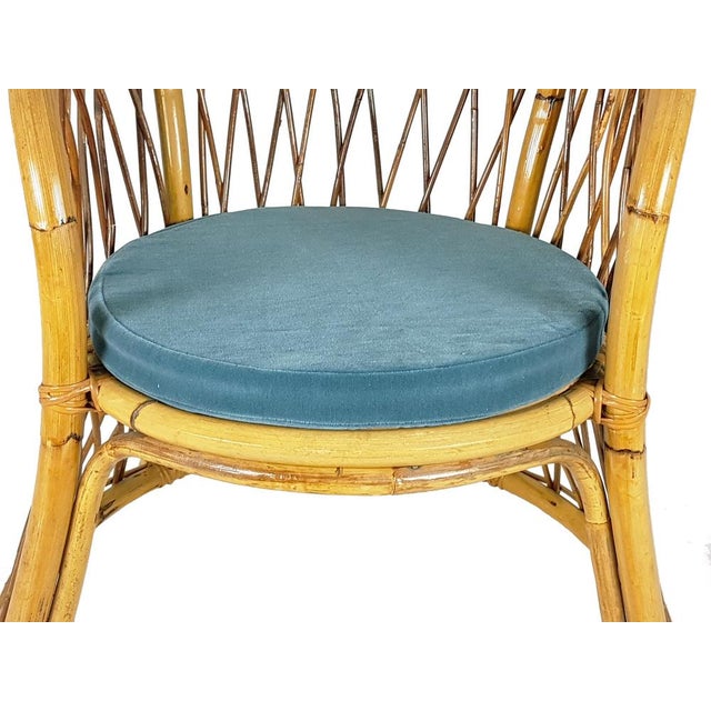 Rush, Rattan and Blue Velvet Armchair, 1960s For Sale - Image 4 of 13