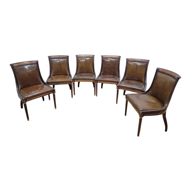 Vintage Neoclassical Style Walnut Leather Slipper Dining Chairs – Set of 6 For Sale