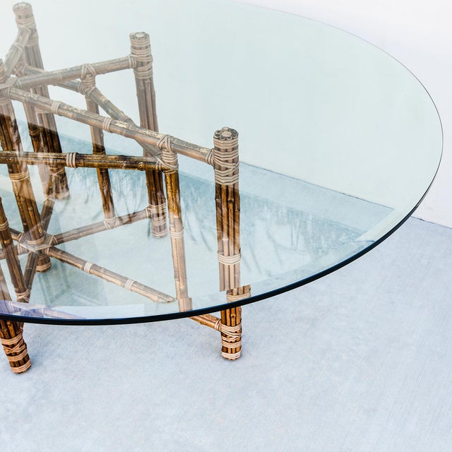 1980s McGuire Attributed Coastal Modern Bamboo & Laced Rawhide Racetrack Dining Table For Sale - Image 13 of 15