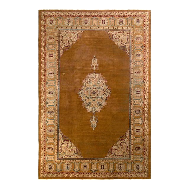 1920s Antique Amritsar Rug in Brown Open Field With Medallion, From Rug & Kilim For Sale