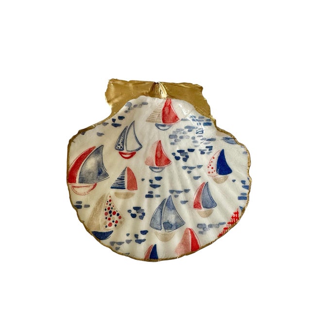 Handmade seashell trinket jewelry dish and ring holder featuring a classic red and blue sailboat nautical design Perfect...