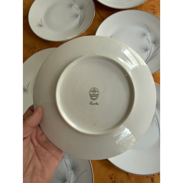 1950s 1950s Set of Seven (7) Hutschenreuther Caribe Salad Plates 7.75 Inch German Porcelain White Blue Gray Platinum Rim Minimalist For Sale - Image 5 of 6