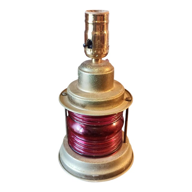 Antique Brass & Cranberry Red Glass Nautical Ship's Lantern Table Lamp, C1940s For Sale