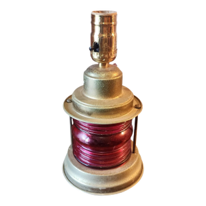 Antique Brass & Cranberry Red Glass Nautical Ship's Lantern Table Lamp, C1940s