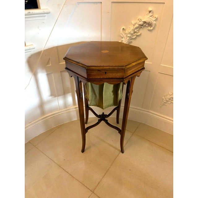 Antique Edwardian Inlaid Mahogany Octagonal Side Table with Silk Basket, 1900 For Sale - Image 12 of 12