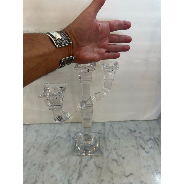Versace Rosenthal Austria Crystal 3 - Arm Candlesticks With Frosted Medusa on the Center Arm Signed, Inscribed Set of 2 For Sale - Image 9 of 12