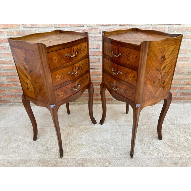Wood Pair of French Louis XV Revival Inlaid Bedside Tables with Three Drawers, 1940s For Sale - Image 7 of 11